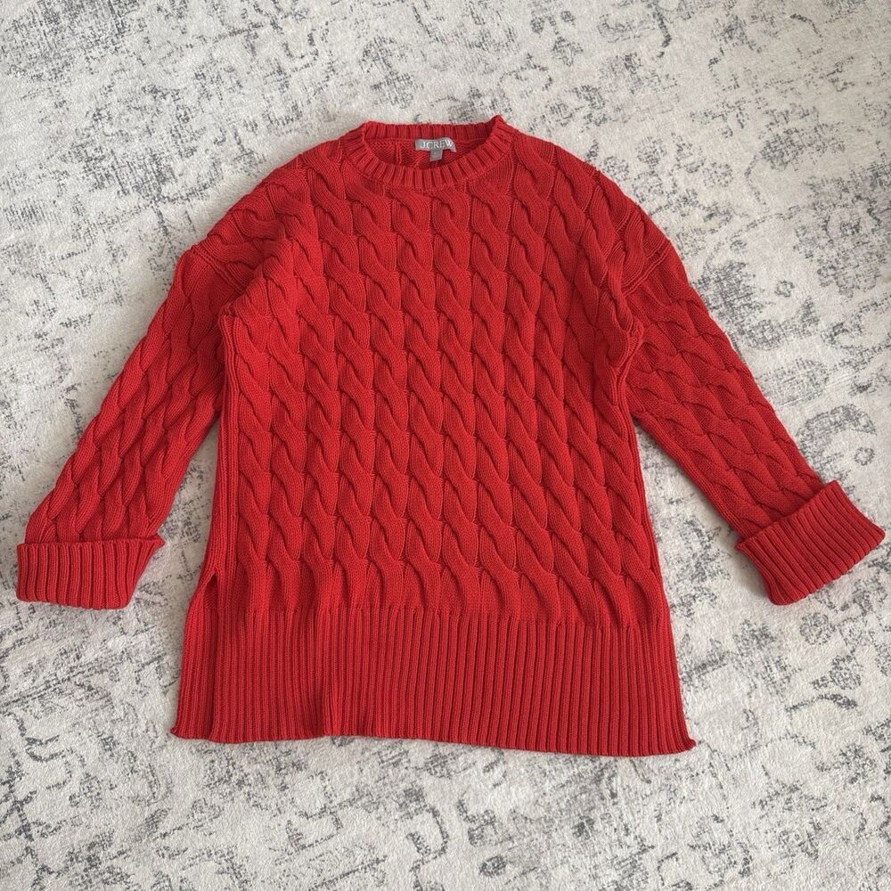 J. Crew Cotton Blend Cable Knit side-slit Crewneck Sweater Red Size Medium/large